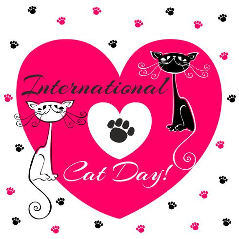 Internationale dag van katten. Kerstkaart. Witte en zwarte katten. Cartoon-stijl. Grappige grappige kittens. Cat&#39;s footprints. Hart. Vector illustratie.
