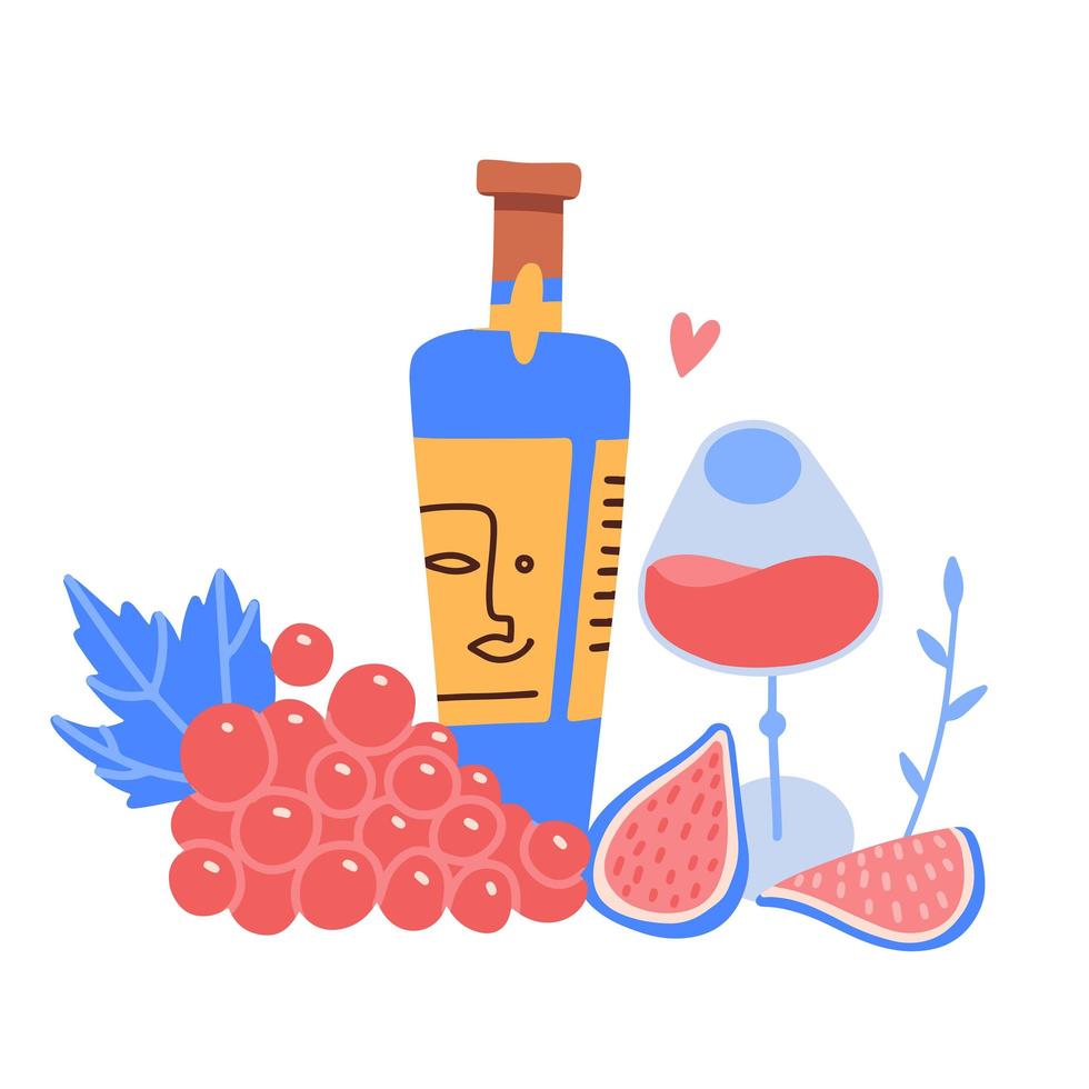 fles wijn en glas met alcoholische drank geserveerd met vijgen en druiven. stilleven compositie. platte vector hand getekende illustratie