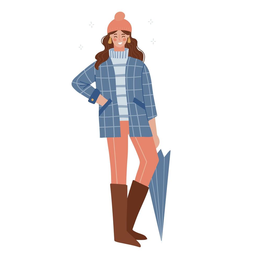 aanbiddelijke jonge vrouw in warme kleren die zich met gesloten paraplu bevinden. trendy casual vrouwelijke outfit. platte hand getekende vectorillustratie vector