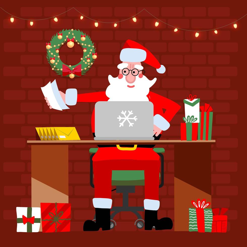 de kerstman zit aan het bureau in zijn kantoor gevuld met pakjes voor kinderen. kerstman met een laptop die e-mails controleert. kerst platte vectorillustratie vector