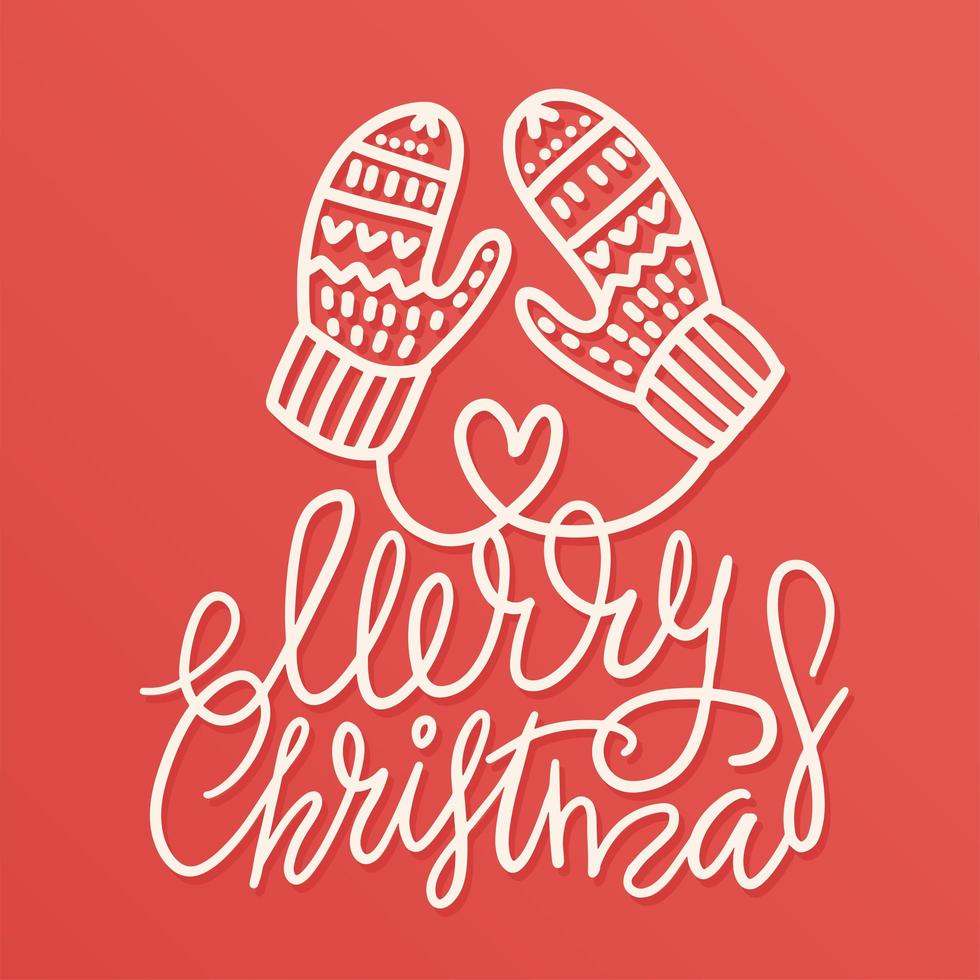 geschetste handgetekende kerst warme wanten met belettering qoute vrolijk kerstfeest. doodle vectorillustratie voor voor wenskaarten, posters, stickers en seizoensgebonden ontwerp. geïsoleerd op rode achtergrond vector