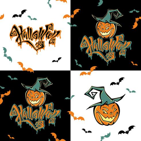 Naadloos patroon. Halloween. Belettering. Grappige cartoon pompoen monster in heks hoed. Patchwork afdrukken. Vector. vector