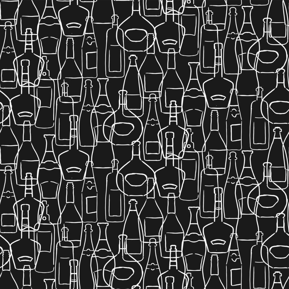 wijn, champagneflessen krijt naadloos patroon op zwarte achtergrond. schets van drank en drank. concept voor print, behang, menu, inpakpapier. vector