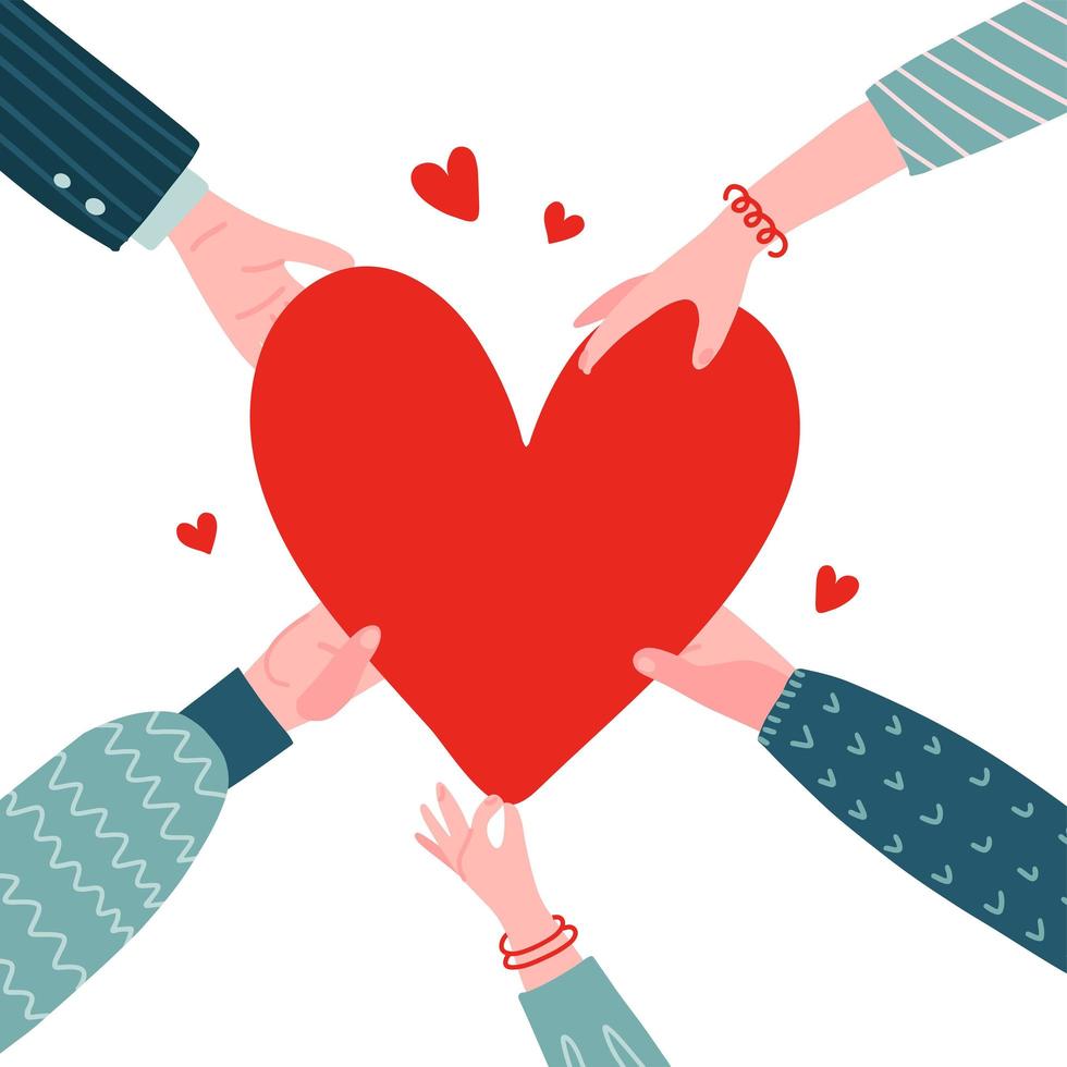 concept van liefdadigheid en donatie. geef en deel je liefde aan mensen. verschillende mensen houden een groot rood hartsymbool op hun handen. platte vectorillustratie. hart met mensenhanden erop. vector