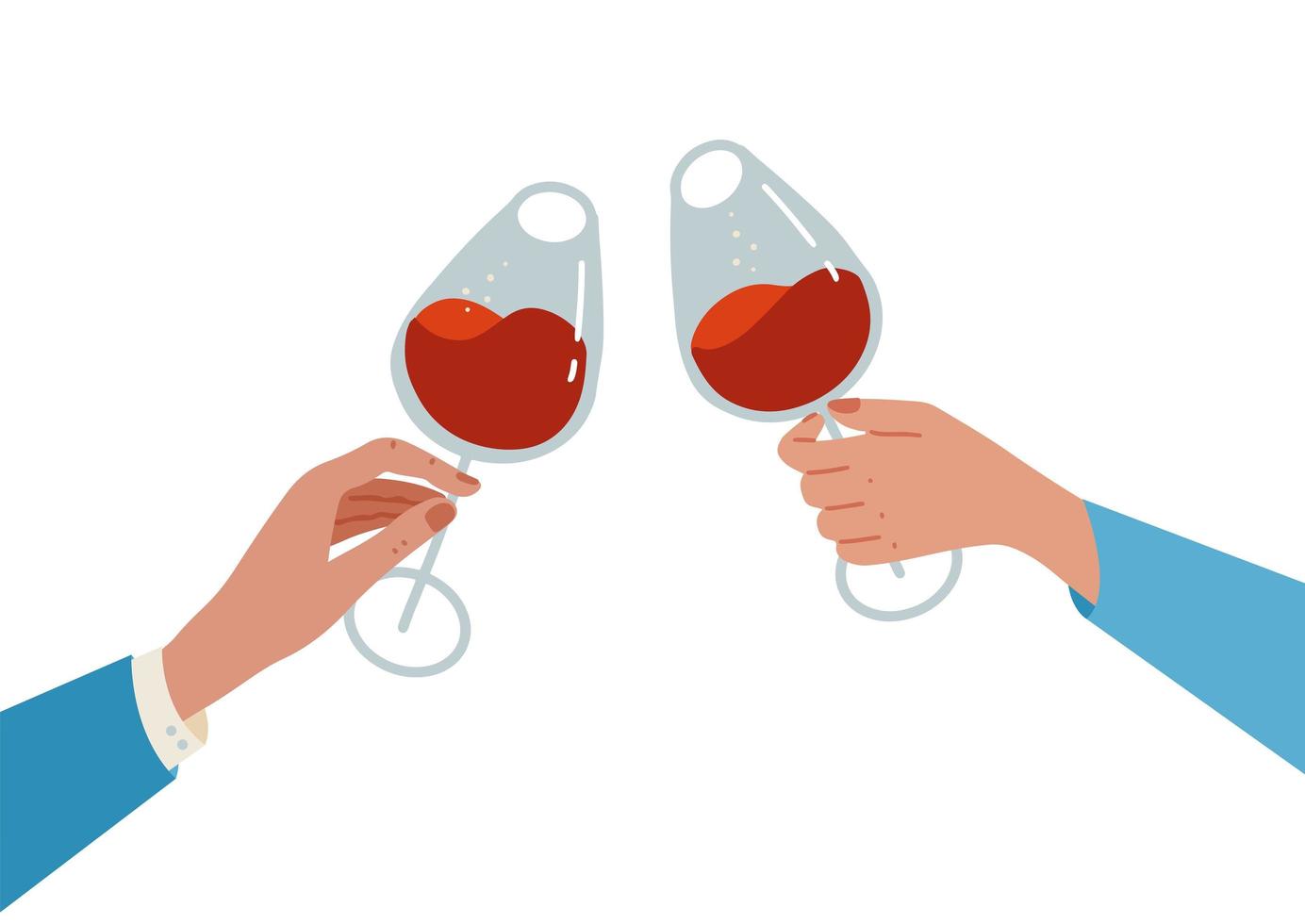 close-up handen rammelen. mensen die een glas rode wijn houden. geniet van het moment en vier het concept. zakelijk liefdesmoment. platte hand getekende vectorillustratie vector