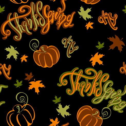 Thanksgiving dag. Naadloos patroon Het inspireren van vrolijke van letters voorziende pompoen en de herfstbladeren op zwarte achtergrond. Vrolijke feestelijke print voor stof of papier. Vector. vector