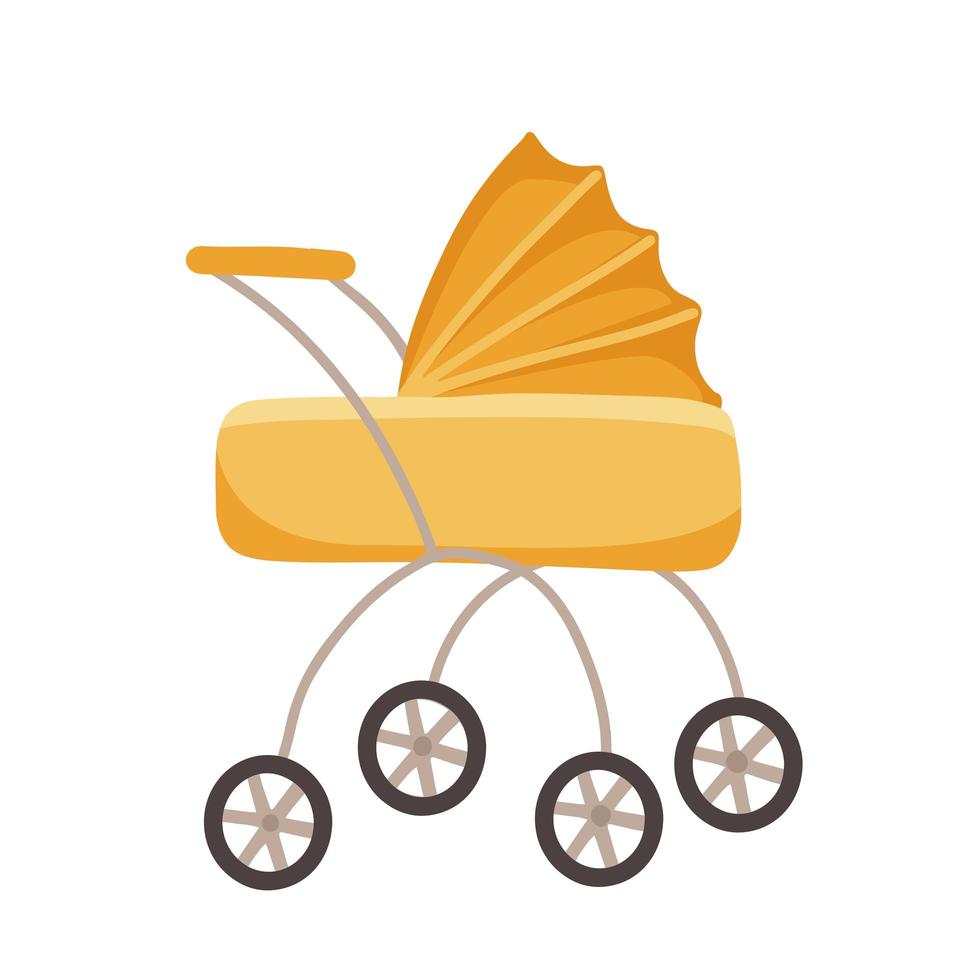 gele kinderwagen met cmalle wielen in platte stijl. genderneutraal vervoer of buggy van gele kleur pictogram vlakke stijl vectorillustratie. vintage kinderwagen. vector