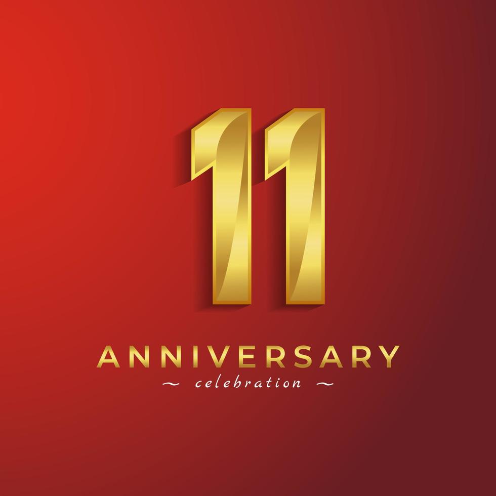 11-jarig jubileumfeest met gouden glanzende kleur voor feestgebeurtenis, bruiloft, wenskaart en uitnodigingskaart geïsoleerd op rode achtergrond vector