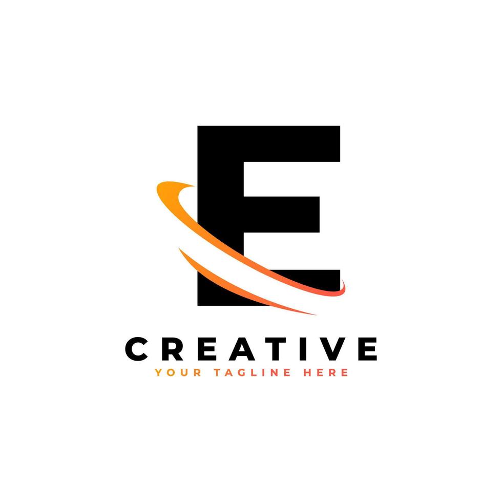letter e bedrijfslogo met creatieve gebogen swoosh pictogram vector sjabloonelement in zwarte en gele kleur.