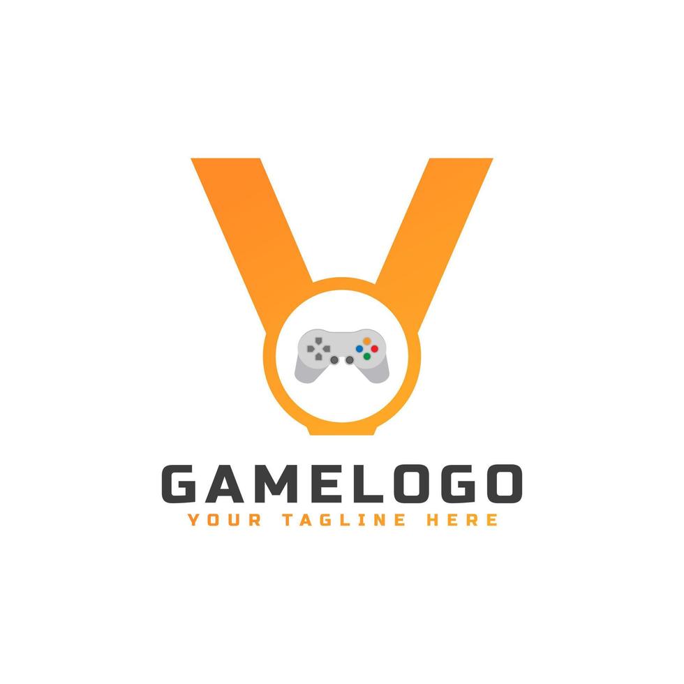 beginletter v met gameconsole-pictogram en pixel voor gaming-logo-concept. bruikbaar voor logo's van bedrijfs-, technologie- en game-opstarttoepassingen. vector