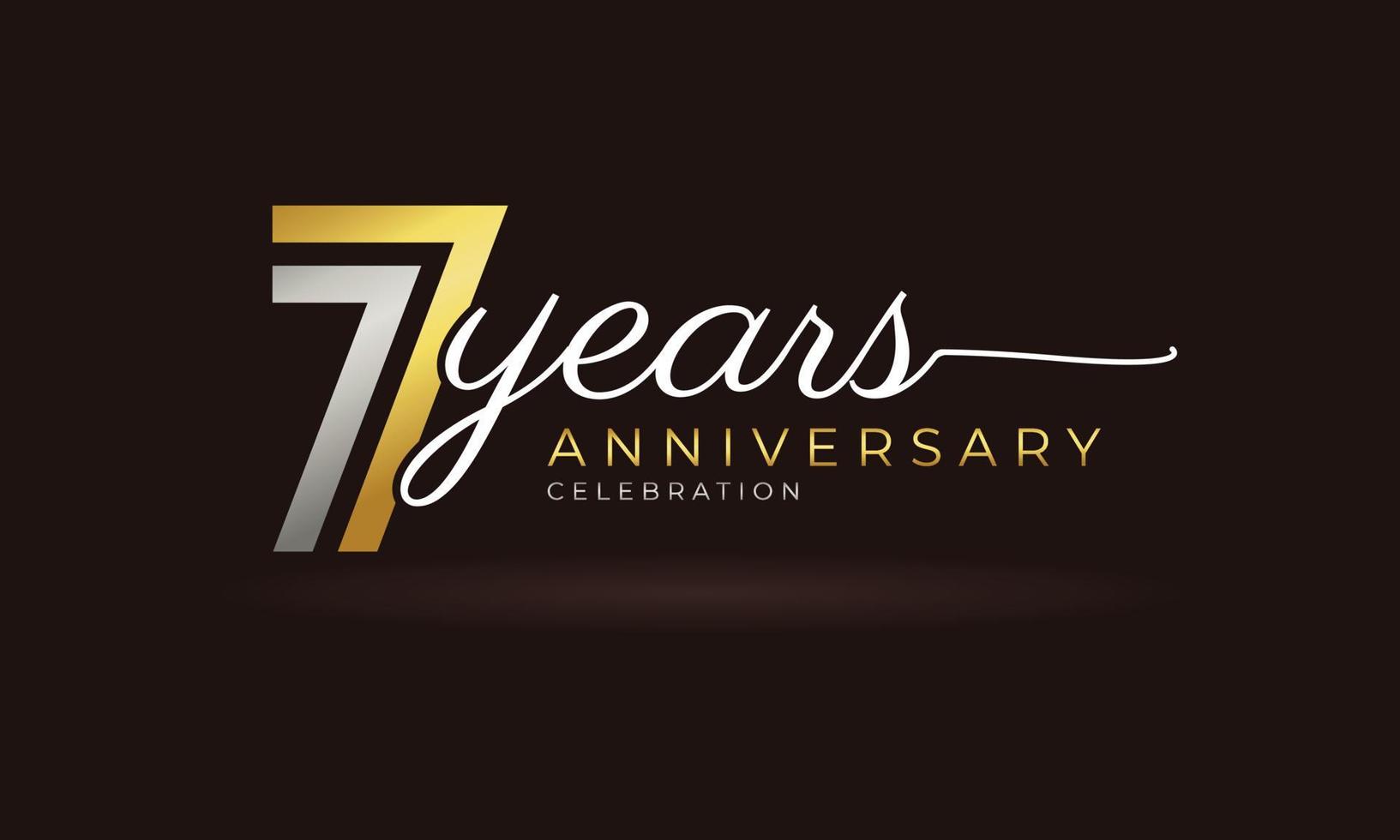 7-jarig jubileumviering logo met gekoppelde meerdere lijn zilveren en gouden kleur voor viering evenement, bruiloft, wenskaart en uitnodiging geïsoleerd op donkere achtergrond vector