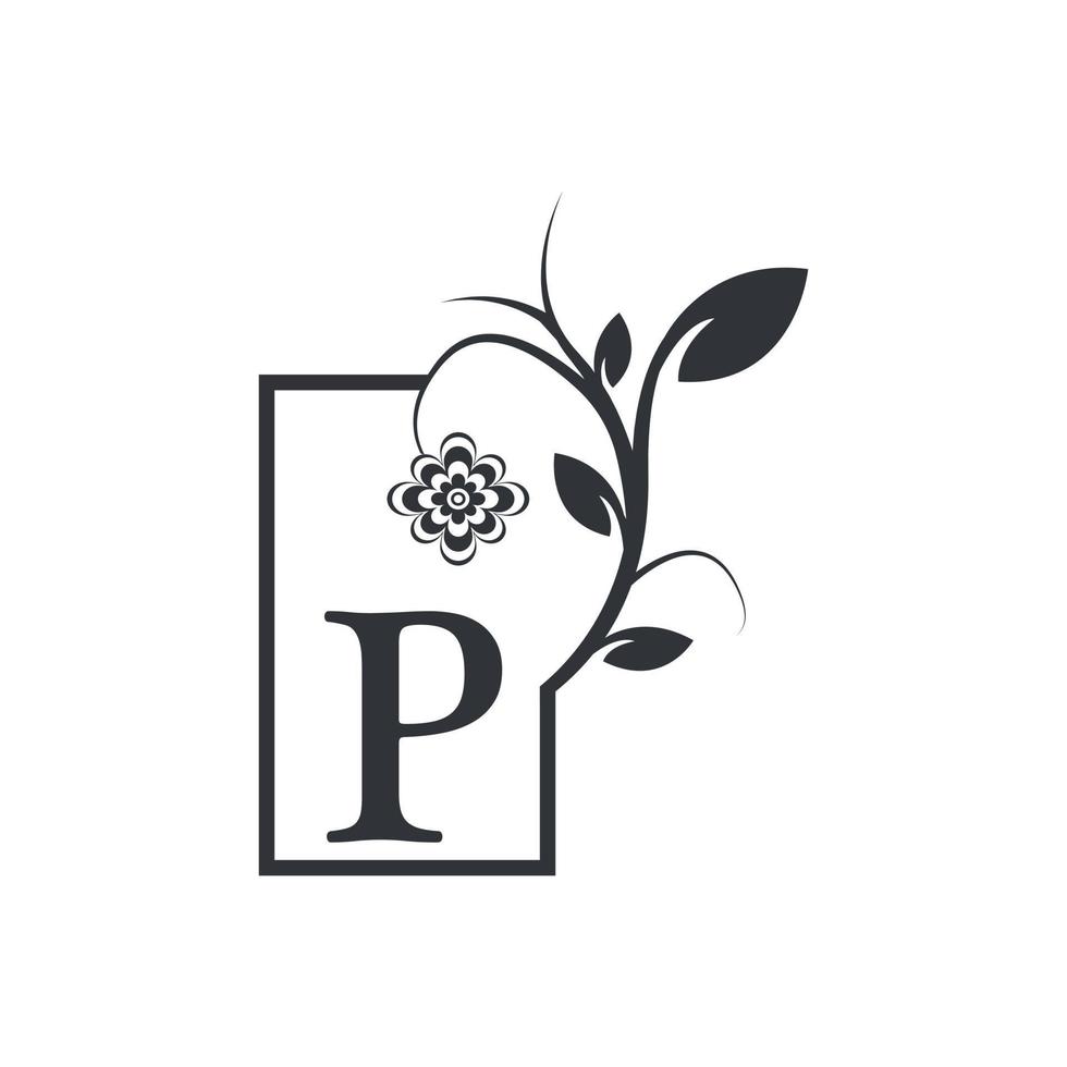 elegante p luxe logo vierkante frame badge. bloemen met bloemen bladeren. perfect voor mode, sieraden, schoonheidssalon, cosmetica, spa, boetiek, bruiloft, postzegel, hotel- en restaurantlogo. vector