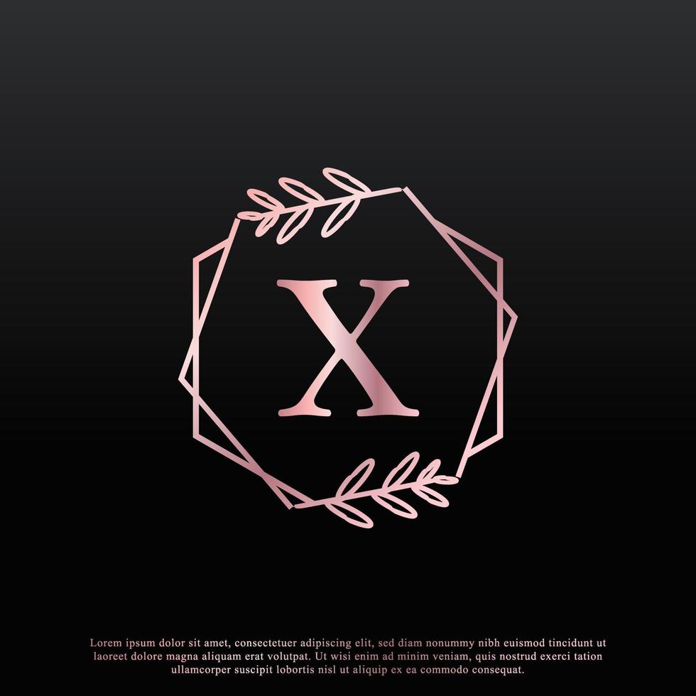 elegant x-letter zeshoekig bloemenlogo met creatieve elegante bladmonogram-taklijn en roze zwarte kleur. bruikbaar voor bedrijfs-, mode-, cosmetica-, spa-, wetenschaps-, medische en natuurlogo's. vector