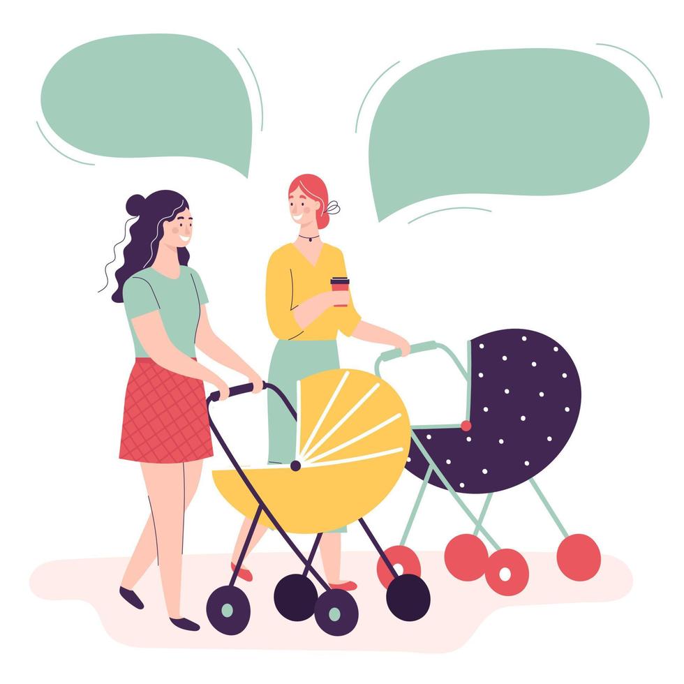 twee jonge vrouwen lopen met kinderwagens praten en glimlachen. concept van gelukkig moederschap, vrouwelijke vriendschap, activiteit met kinderen. dialoog, tekstballon. platte cartoon vectorillustratie vector