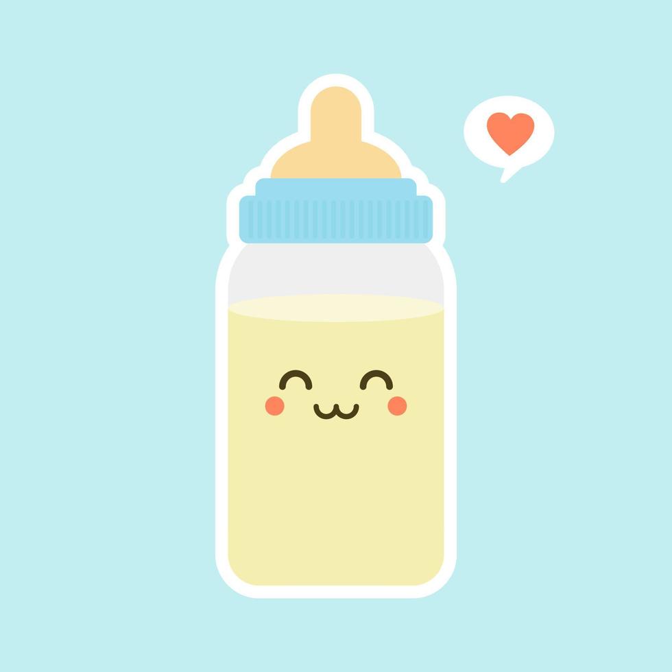 babymelk fles plat ontwerp. grappige melkfles tekens met lachende gezichten, cartoon vectorillustratie geïsoleerd op een achtergrond in kleur. schattig en kawaii melkfles. vector