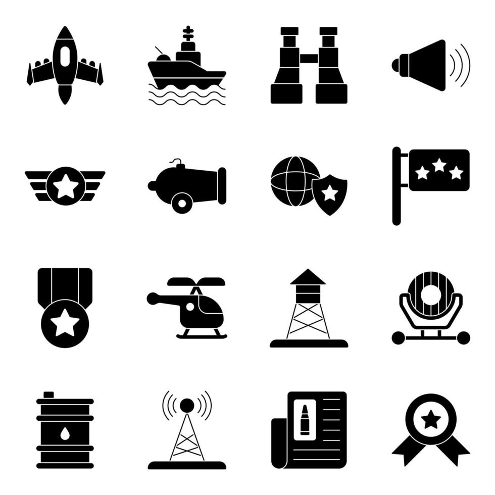 pak glyph-pictogrammen voor militaire uitrusting vector