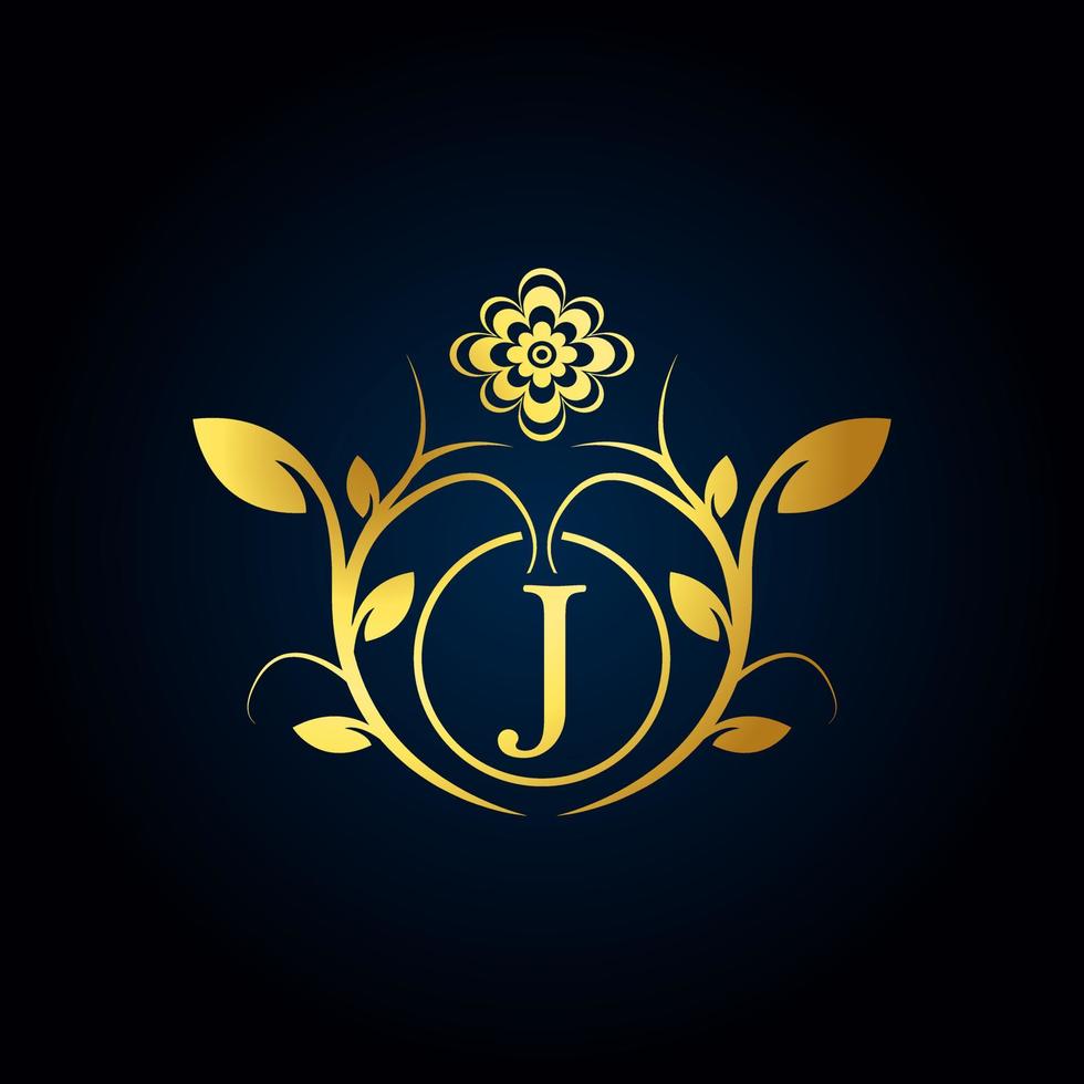 elegant j luxe logo. gouden bloemen alfabet logo met bloemen bladeren. perfect voor mode, sieraden, schoonheidssalon, cosmetica, spa, boetiek, bruiloft, postzegel, hotel- en restaurantlogo. vector