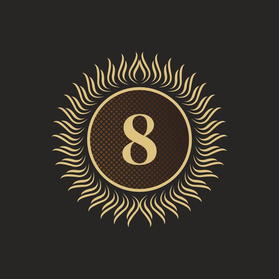 embleem nummer 8 gouden monogram ontwerp. luxe volumetrische logo sjabloon. 3D-lijn ornament voor uithangbord, badge, crest, label, boutique merk, hotel, restaurant, heraldisch. vector illustratie