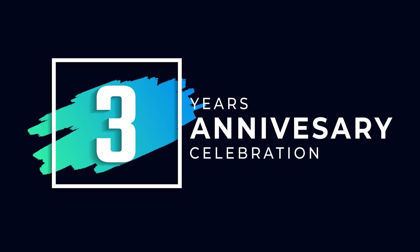 3-jarig jubileumfeest met blauwe borstel en vierkant symbool. gelukkige verjaardag groet viert gebeurtenis geïsoleerd op zwarte achtergrond vector