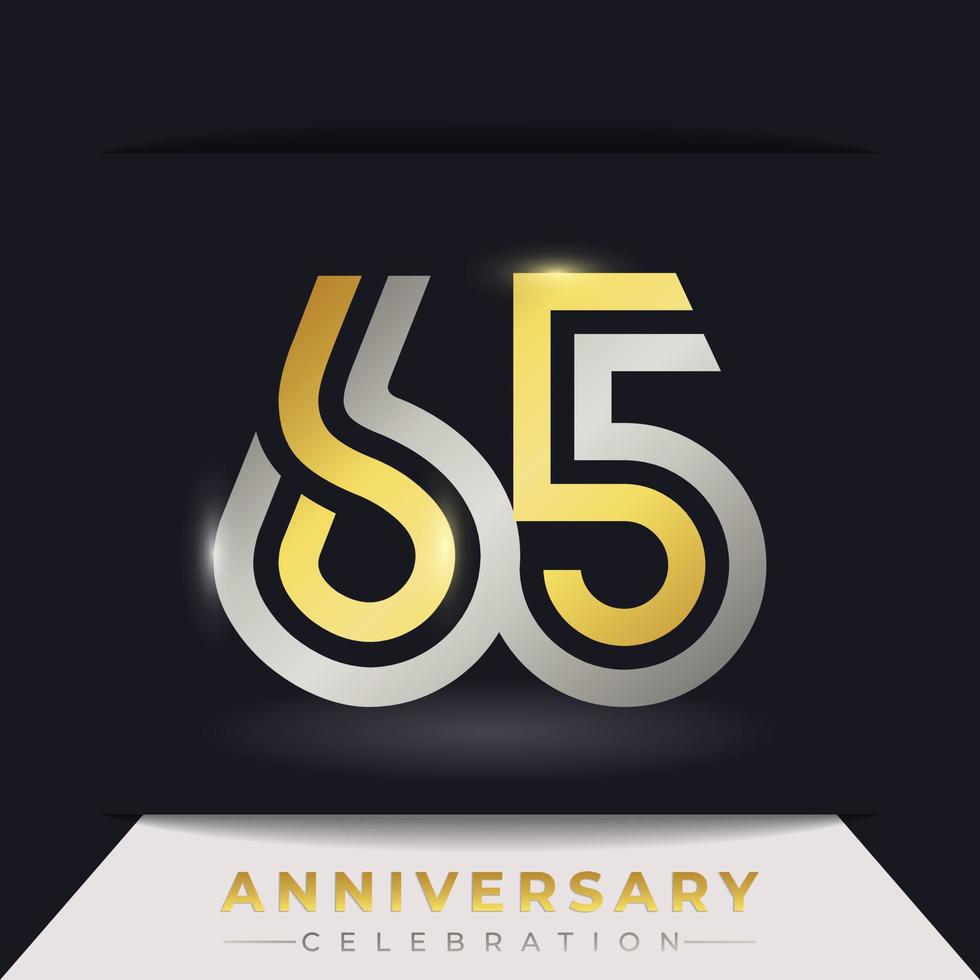 65-jarig jubileumfeest met gekoppelde meerdere lijn gouden en zilveren kleur voor feestgebeurtenis, bruiloft, wenskaart en uitnodiging geïsoleerd op donkere achtergrond vector