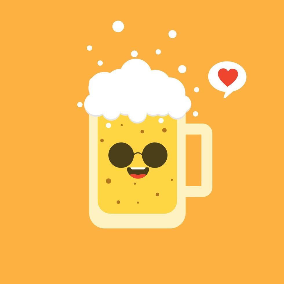 bier platte ontwerp vectorillustratie. vector schattig en kawaii bierglas stripfiguur met schuim geïsoleerd op een achtergrond in kleur. vector bier komische label of poster ontwerpsjabloon.