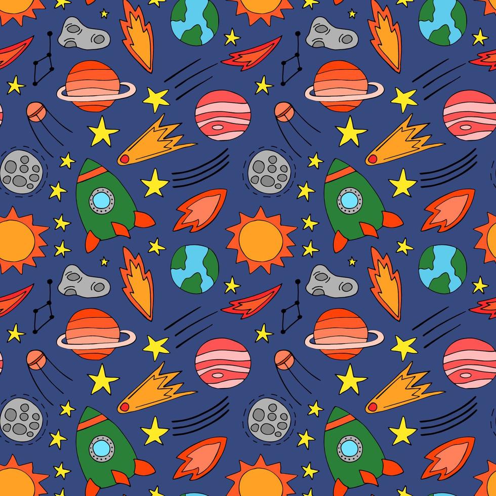 ruimte planeten asteroïden raket ufo meteoriet ster nachtelijke hemel. vector naadloos patroon. ruimtereizende vlucht. illustratie in doodle stijl. voor afdrukken op papierstof social media post webbanner