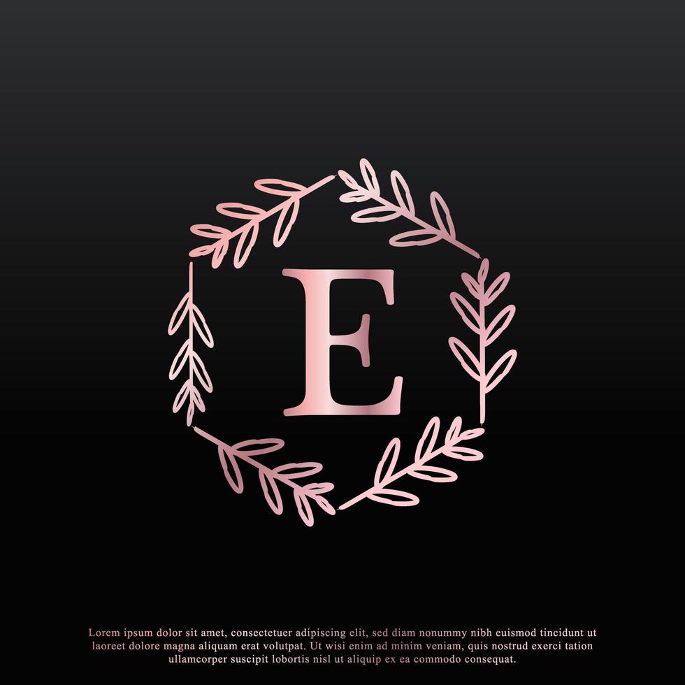 elegant e-letter zeshoekig bloemenlogo met creatieve elegante bladmonogram-taklijn en roze zwarte kleur. bruikbaar voor bedrijfs-, mode-, cosmetica-, spa-, wetenschaps-, medische en natuurlogo's. vector