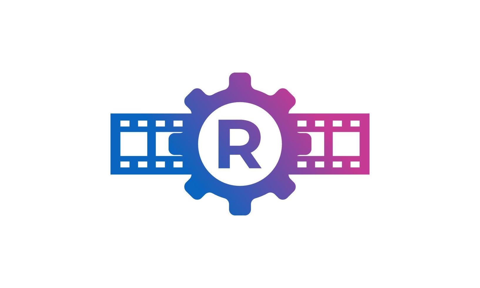 beginletter r tandwiel tandwiel met reel strepen filmstrip voor film film bioscoop productie studio logo inspiratie vector