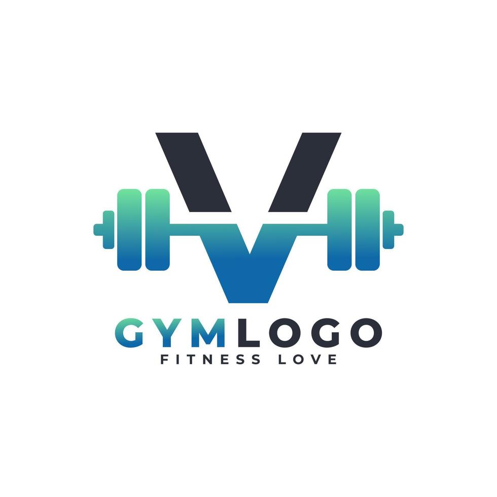 letter v-logo met barbell. sportschool logo. het opheffen van vectorembleemontwerp voor gymnastiek en fitness. alfabet letter logo sjabloon vector