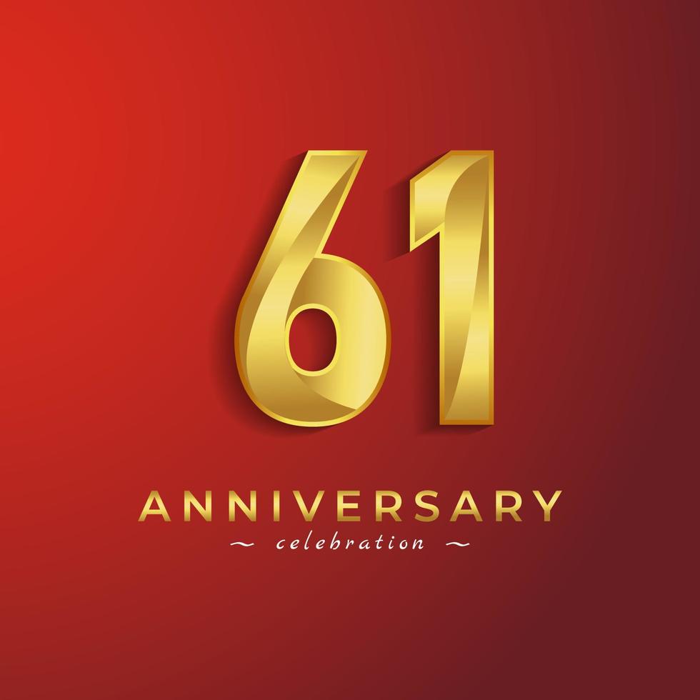 61-jarig jubileumfeest met gouden glanzende kleur voor feestgebeurtenis, bruiloft, wenskaart en uitnodigingskaart geïsoleerd op rode achtergrond vector
