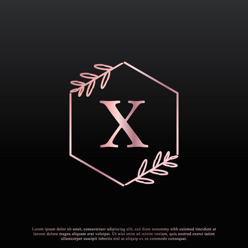 elegant x-letter zeshoekig bloemenlogo met creatieve elegante bladmonogram-taklijn en roze zwarte kleur. bruikbaar voor bedrijfs-, mode-, cosmetica-, spa-, wetenschaps-, medische en natuurlogo's. vector