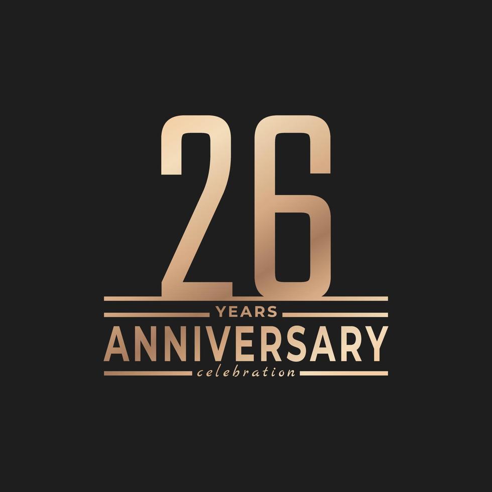 26-jarig jubileumfeest met dunne nummervorm gouden kleur voor feestgebeurtenis, bruiloft, wenskaart en uitnodiging geïsoleerd op donkere achtergrond vector