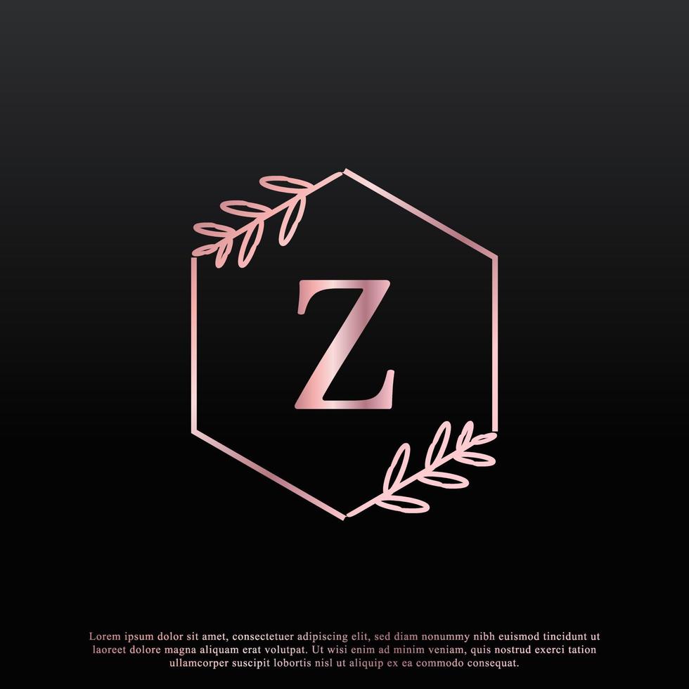 elegant z-letter zeshoekig bloemenlogo met creatieve elegante bladmonogram-taklijn en roze zwarte kleur. bruikbaar voor bedrijfs-, mode-, cosmetica-, spa-, wetenschaps-, medische en natuurlogo's. vector