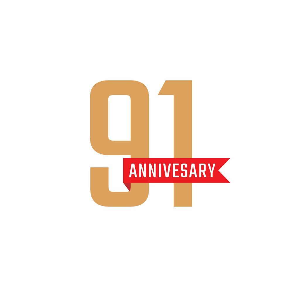 91-jarig jubileumfeest met rood lintvector. de gelukkige verjaardagsgroet viert de illustratie van het sjabloonontwerp vector