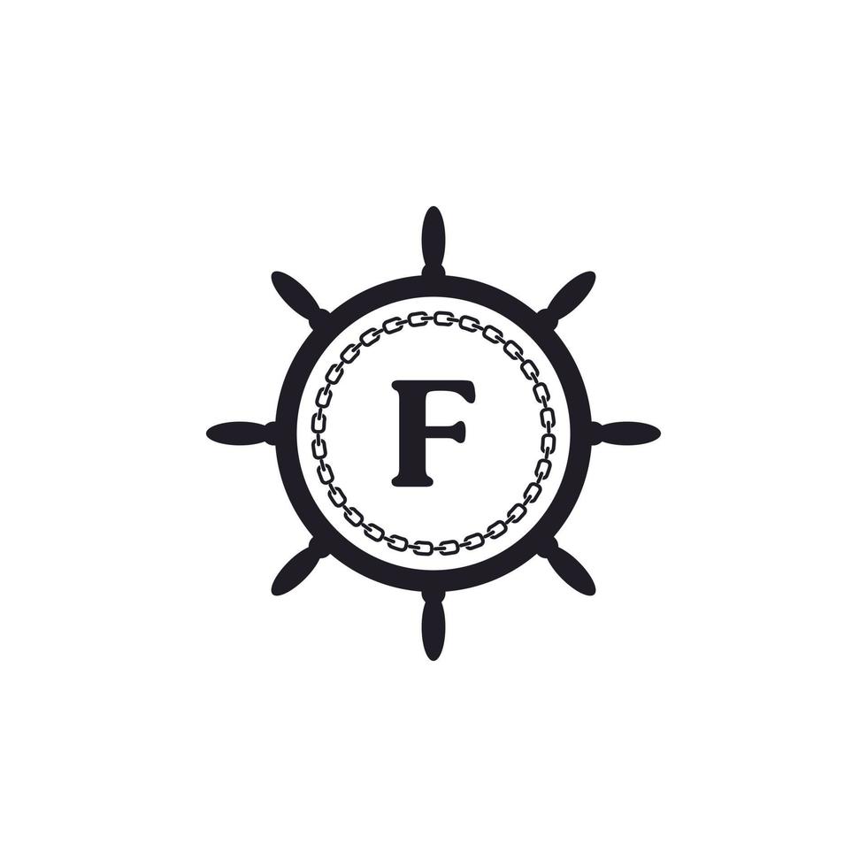letter f in het stuur van het schip en cirkelvormige ketting icoon voor nautische logo-inspiratie vector