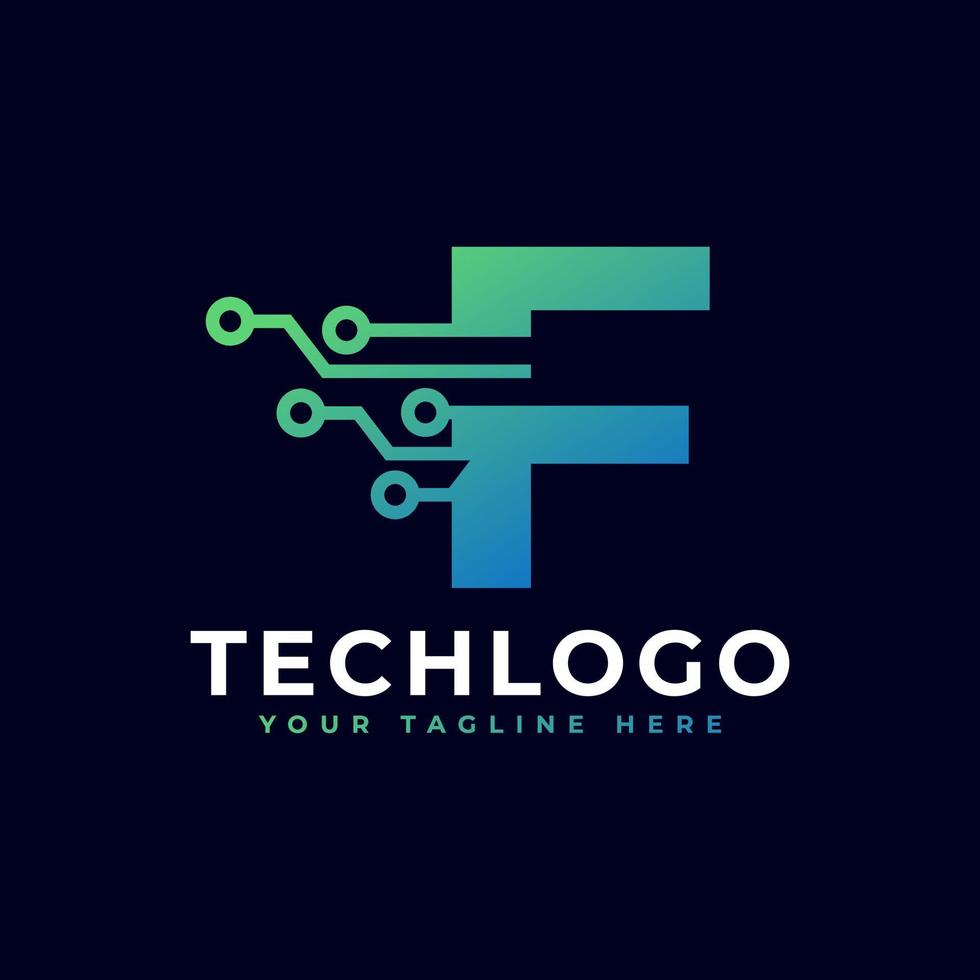 tech letter f-logo. futuristische vector logo sjabloon met groene en blauwe kleur voor de kleurovergang. geometrische vorm. bruikbaar voor bedrijfs- en technologielogo's.
