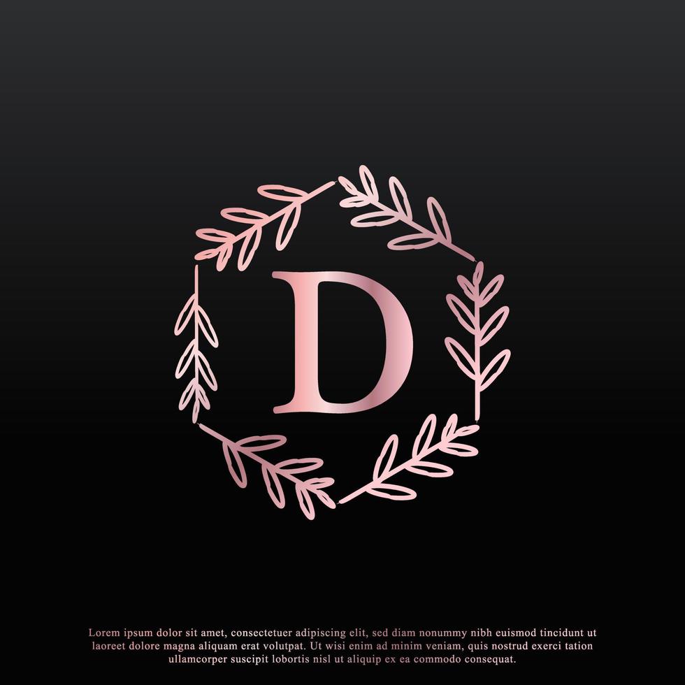 elegant d-letter zeshoekig bloemenlogo met creatieve elegante bladmonogram-taklijn en roze zwarte kleur. bruikbaar voor bedrijfs-, mode-, cosmetica-, spa-, wetenschaps-, medische en natuurlogo's. vector