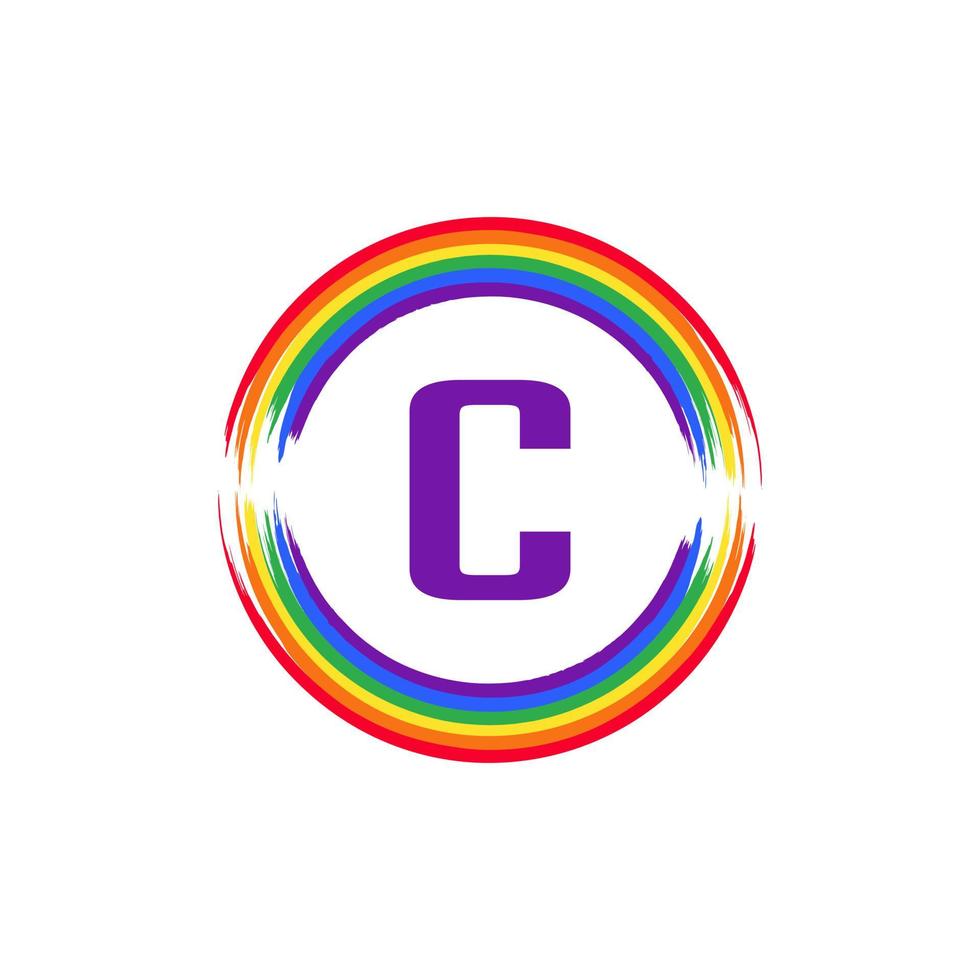 letter c binnen cirkelvormig gekleurd in regenboogkleur vlagborstel logo-ontwerpinspiratie voor lgbt-concept vector