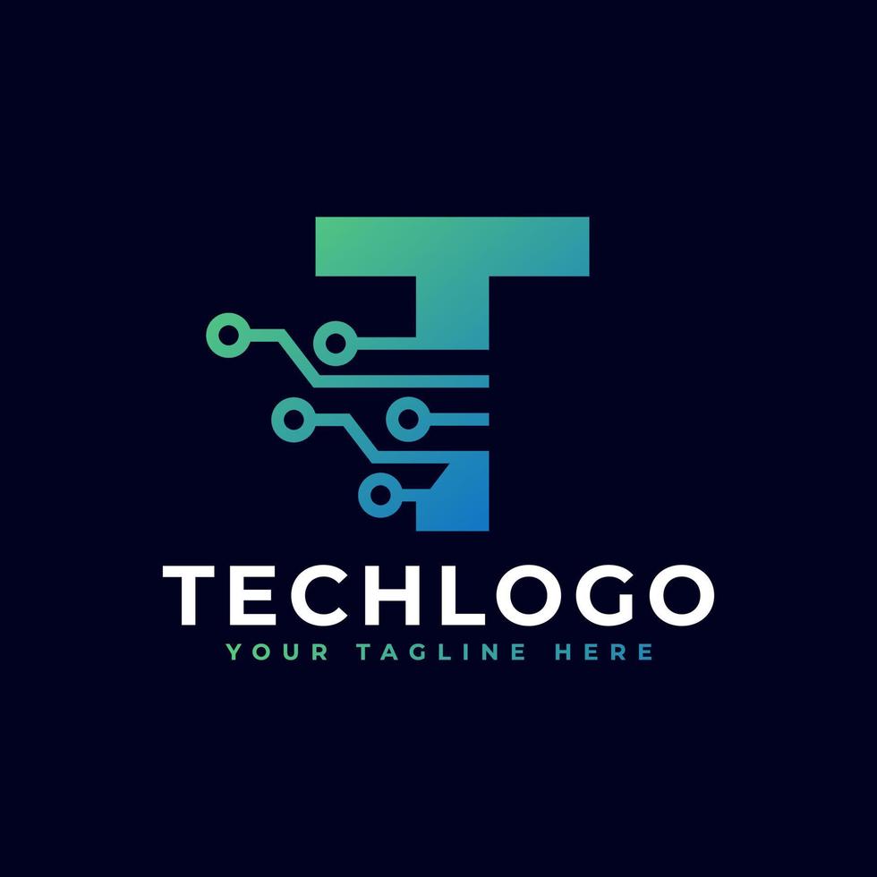 tech letter t-logo. futuristische vector logo sjabloon met groene en blauwe kleur voor de kleurovergang. geometrische vorm. bruikbaar voor bedrijfs- en technologielogo's.