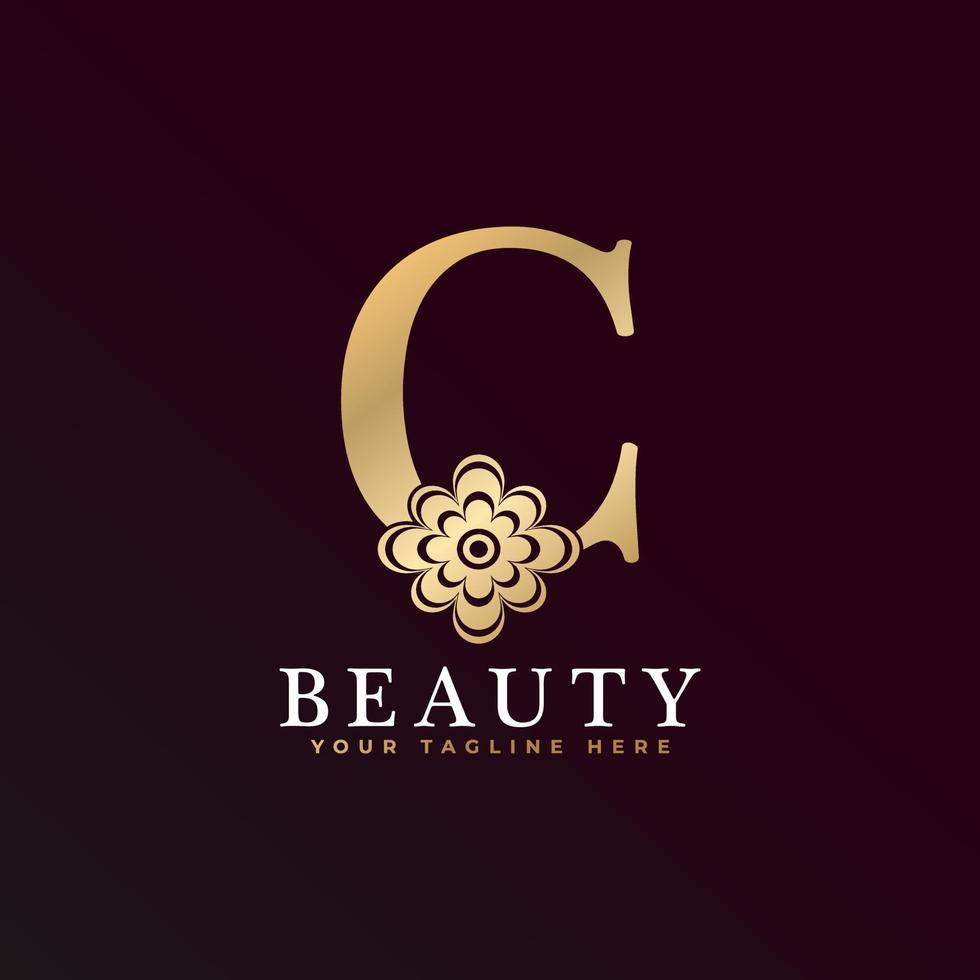 elegant c luxe logo. gouden bloemen alfabet logo met bloemen bladeren. perfect voor mode, sieraden, schoonheidssalon, cosmetica, spa, boetiek, bruiloft, postzegel, hotel- en restaurantlogo. vector