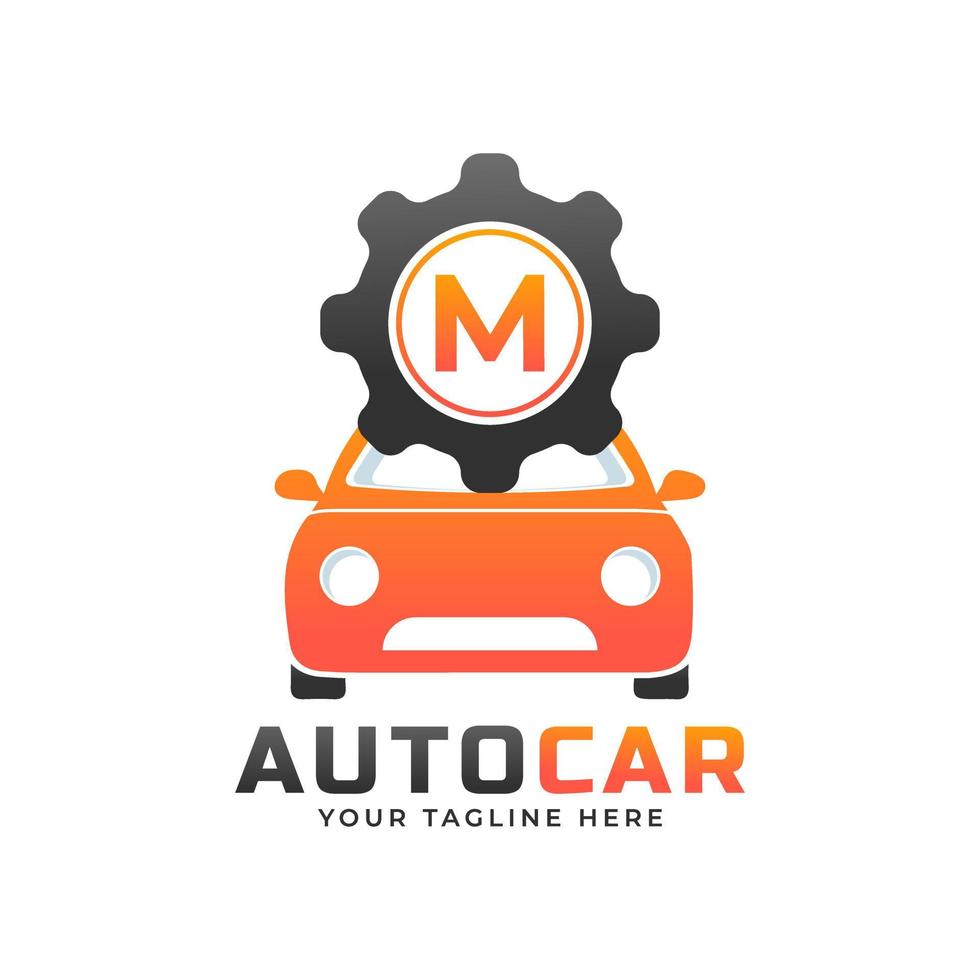 letter m met auto-onderhoudsvector. concept automotive logo-ontwerp van sportwagen. vector