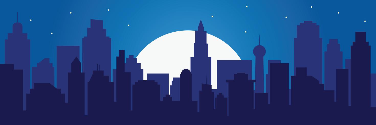 Nachtsilhouet van de stad en de volle maan met sterren vector