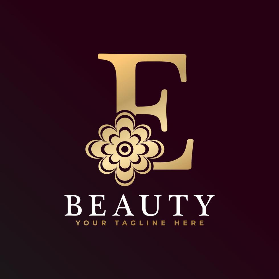 elegant e luxe logo. gouden bloemen alfabet logo met bloemen bladeren. perfect voor mode, sieraden, schoonheidssalon, cosmetica, spa, boetiek, bruiloft, postzegel, hotel- en restaurantlogo. vector