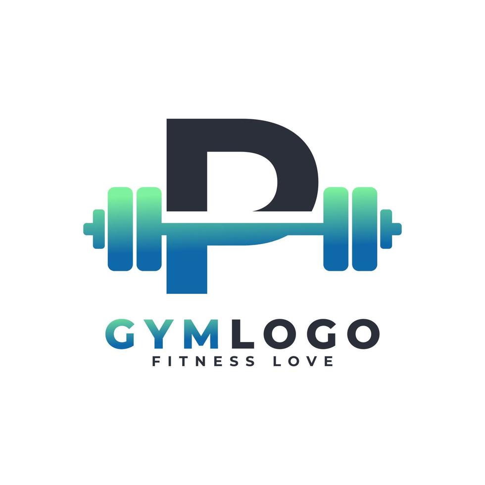 letter p-logo met barbell. sportschool logo. het opheffen van vectorembleemontwerp voor gymnastiek en fitness. alfabet letter logo sjabloon vector