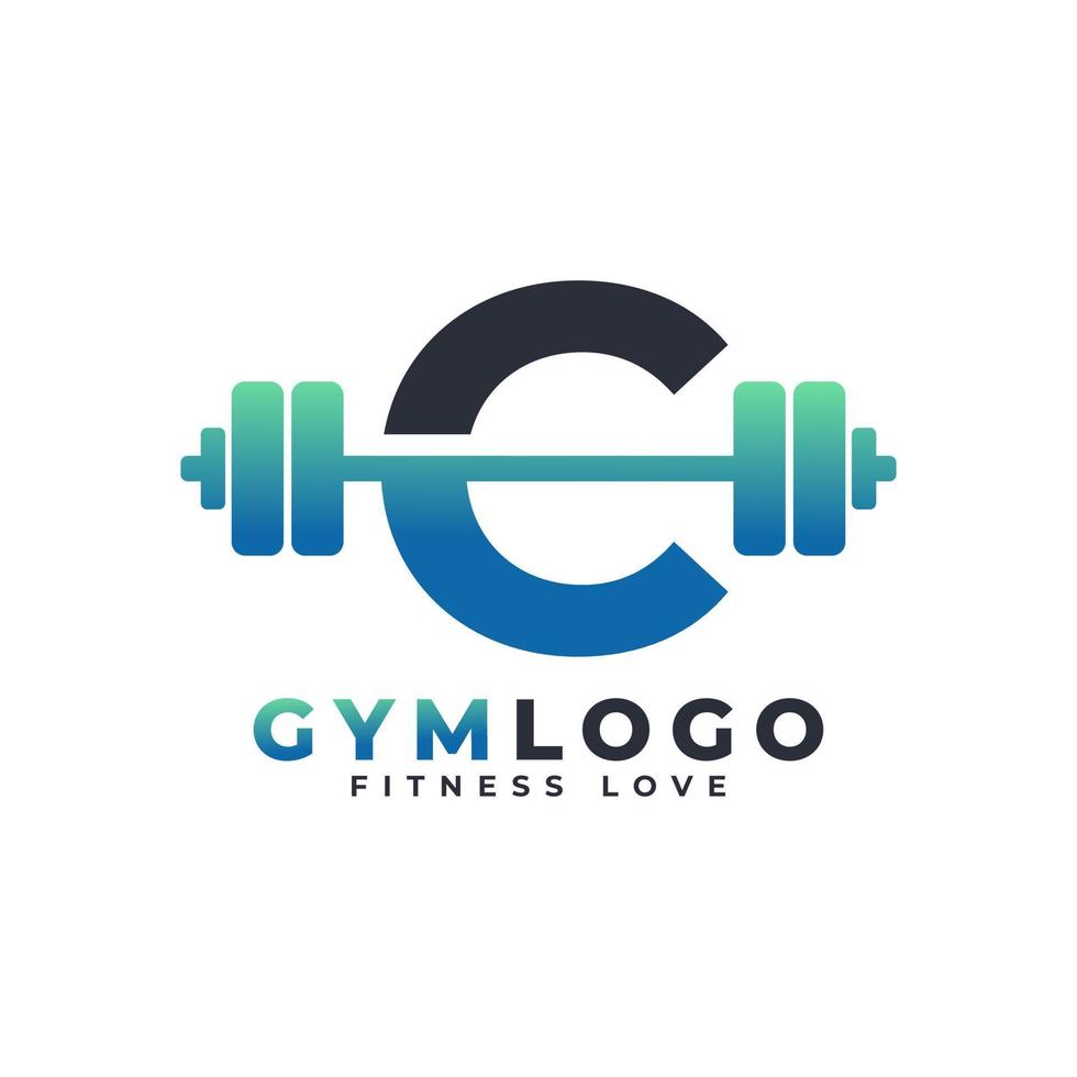 letter c-logo met barbell. sportschool logo. het opheffen van vectorembleemontwerp voor gymnastiek en fitness. alfabet letter logo sjabloon vector