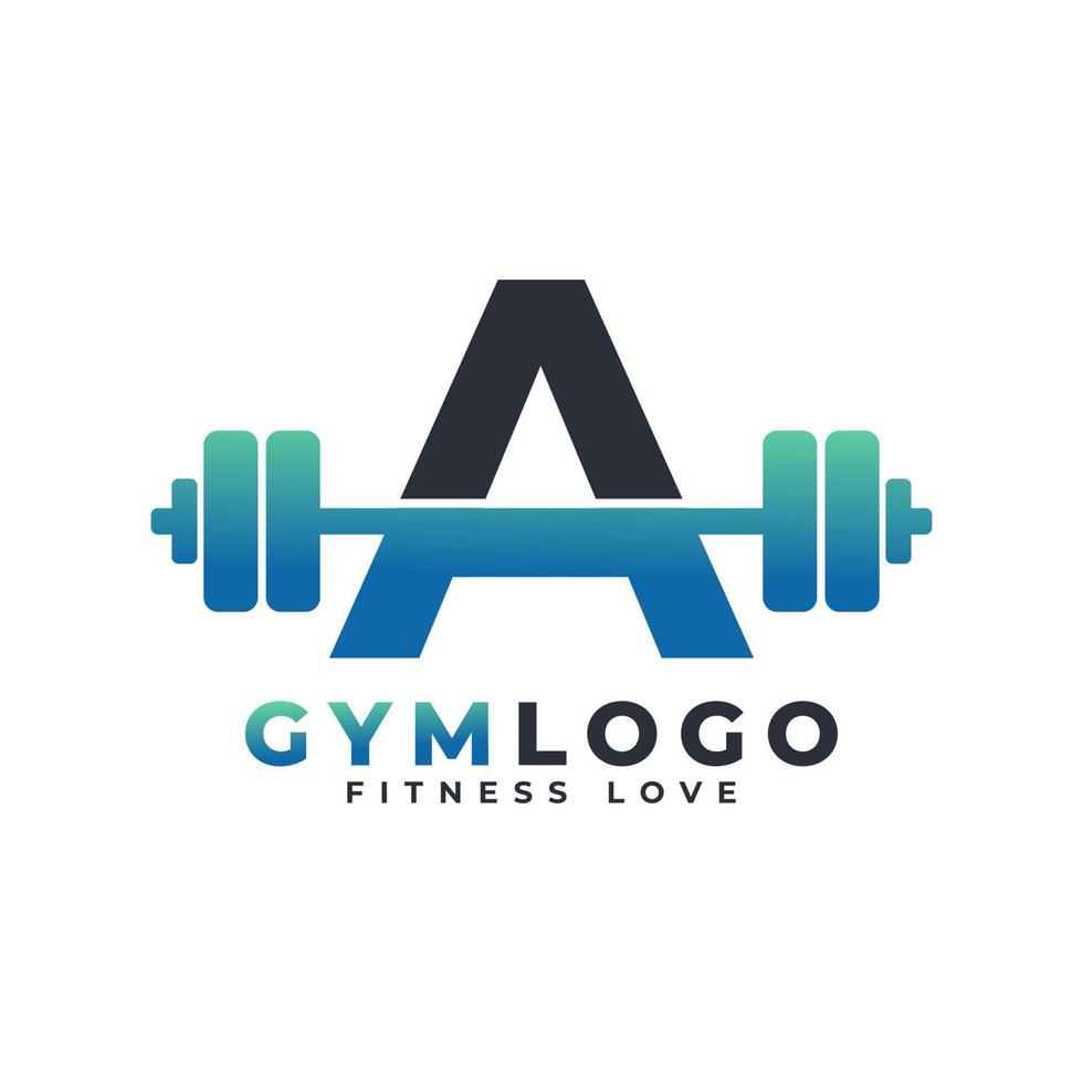 letter een logo met barbell. sportschool logo. het opheffen van vectorembleemontwerp voor gymnastiek en fitness. alfabet letter logo sjabloon vector