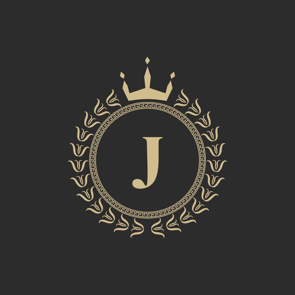 beginletter j heraldische koninklijke frame met kroon en lauwerkrans. eenvoudig klassiek embleem. ronde compositie. grafische stijl. kunstelementen voor logo-ontwerp vectorillustratie vector