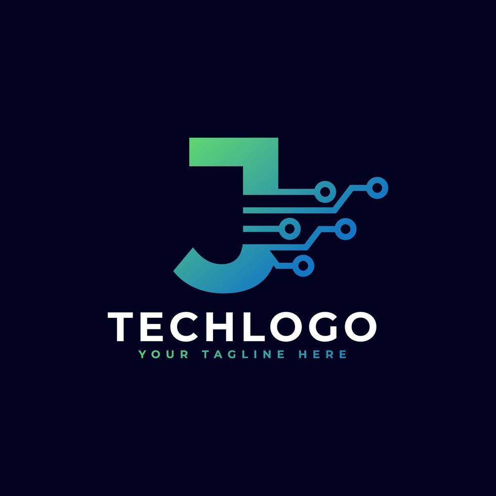 tech letter j-logo. futuristische vector logo sjabloon met groene en blauwe kleur voor de kleurovergang. geometrische vorm. bruikbaar voor bedrijfs- en technologielogo's.