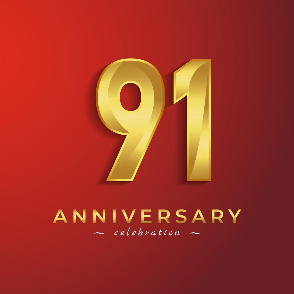 91-jarig jubileumfeest met gouden glanzende kleur voor feestgebeurtenis, bruiloft, wenskaart en uitnodigingskaart geïsoleerd op rode achtergrond vector