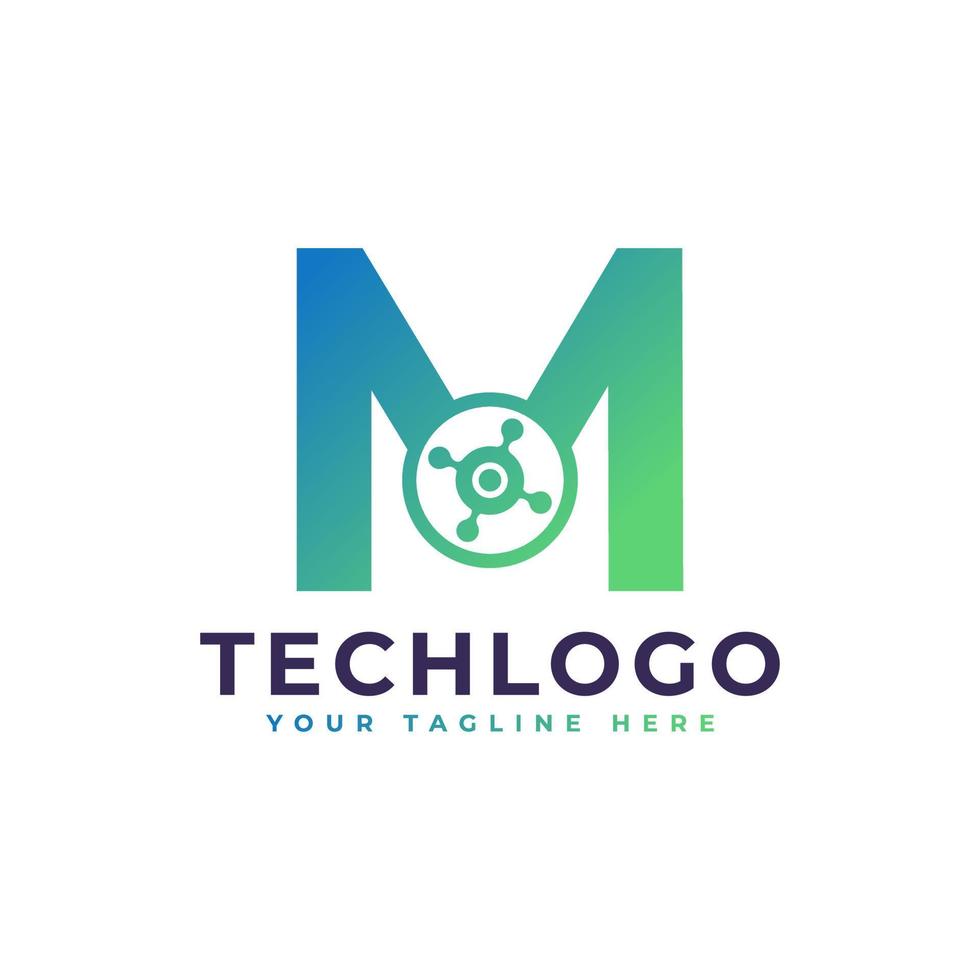 tech letter m-logo. groene geometrische vorm met stip cirkel verbonden als netwerk logo vector. bruikbaar voor bedrijfs- en technologielogo's. vector